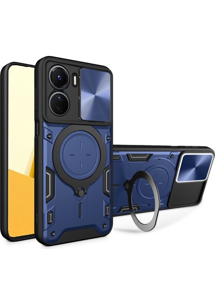 Vivo Y16 4g Slayt Kamera Koruma Telefon Kılıfı Hibrit Pc+Tpu Ayaklı Telefon Kılıfı-Mavi (Yurt Dışından)