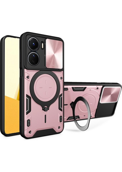 Vivo Y16 4g Slayt Kamera Koruma Telefon Kılıfı Hibrit Pc+Tpu Ayaklı Telefon Kılıfı-Pembe (Yurt Dışından)