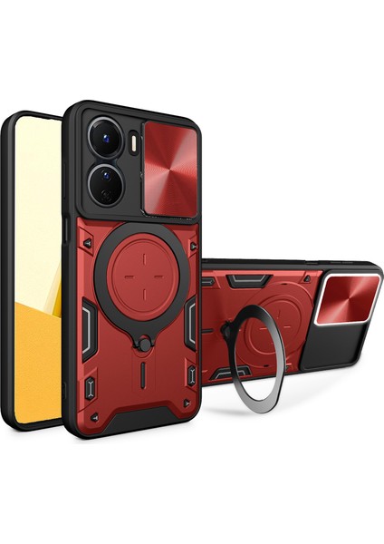 Vivo Y16 4g Slayt Kamera Koruma Telefon Kılıfı Hibrit Pc+Tpu Ayaklı Telefon Kılıfı-Kırmızı (Yurt Dışından)