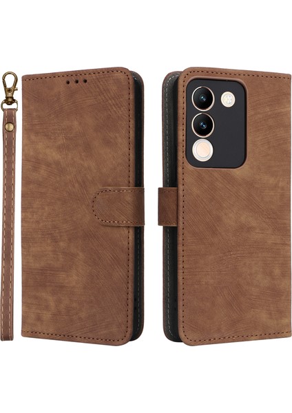 Vivo V29E(GLOBAL)5G/Y200(HINDISTAN)5G Kılıf Rfıd Engelleme Cüzdan Standı Kılıfı Kayışlı-Kahverengi (Yurt Dışından)