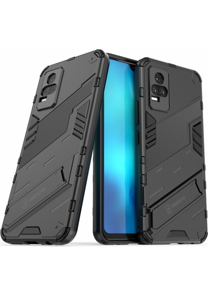 Kickstand Toz Geçirmez Sağlam Çift Katmanlı Hibrit Sert Pc Yumuşak Tpu Darbeye Dayanıklı Koruyucu Kılıf Vivo V21E 4G/Y73 (2021)-SIYAH (Yurt Dışından)