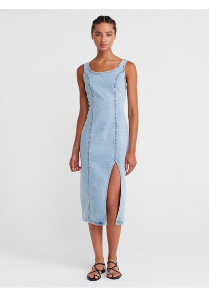 90565 Önü Derin Yırtmaçlı Denim Elbise-Mavi