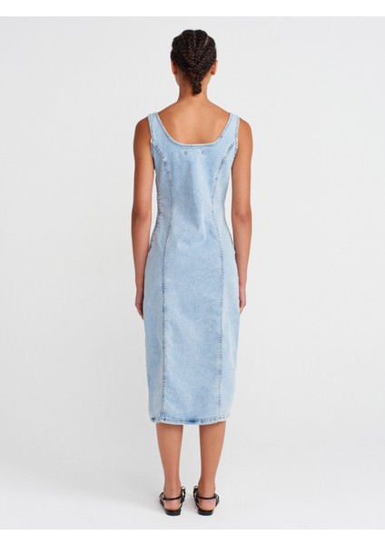 90565 Önü Derin Yırtmaçlı Denim Elbise-Mavi fiyatları
