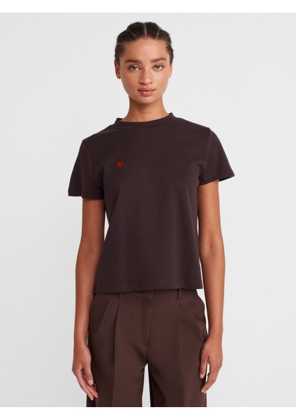 30584 Bisiklet Yaka Pamuklu T-Shirt-Koyu Kahve