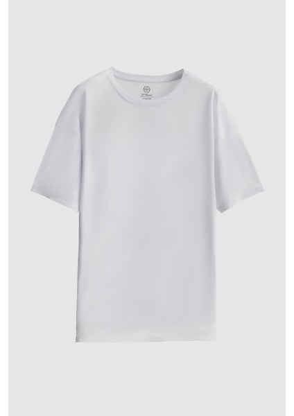 Oversize Beyaz Bisiklet Yaka %100 Pamuk T-Shirt 6HC14ORT02006