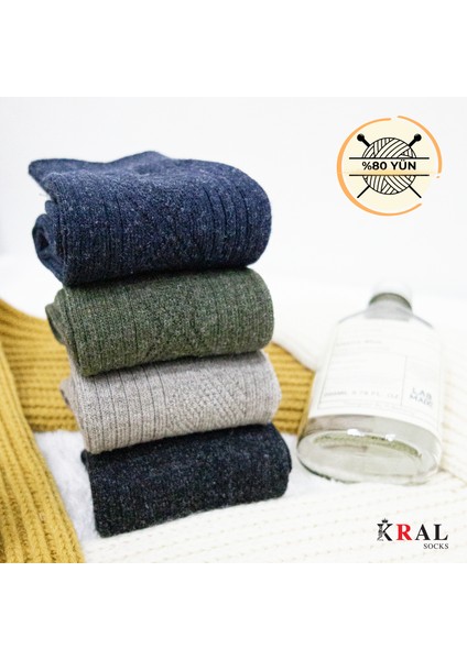 Kral 4'lü Kışlık Thermal Etkili Ince Örgülü Çorap, Lambswool Yünlü (Kuzu Yünlü)