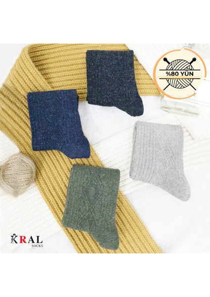 Kral 4'lü Kışlık Thermal Etkili Ince Örgülü Çorap, Lambswool Yünlü (Kuzu Yünlü)
