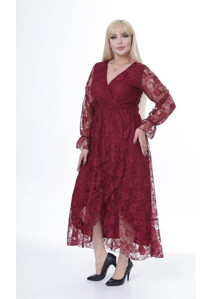 Kruvaze Yaka Uzun Kol Büyük Beden Dantel Elbise 20Y-2449 fiyatları