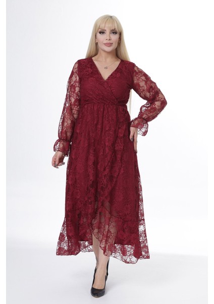 Kruvaze Yaka Uzun Kol Büyük Beden Dantel Elbise 20Y-2449 modelleri