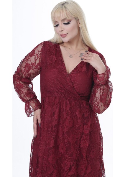 Kruvaze Yaka Uzun Kol Büyük Beden Dantel Elbise 20Y-2449 indirimleri