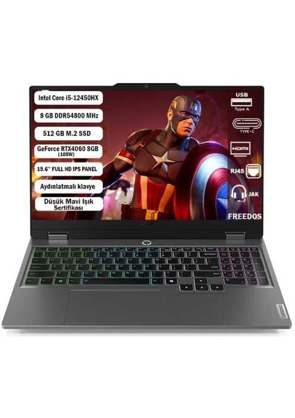 Loq 15IAX9 83GS007XTR I5-12450HX 8gb 512 GB SSD Rtx 4060 8gb Gddr6 15.6'' Fhd Freedos Gaming (Oyuncu) Notebook