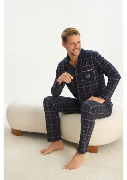 Büyük Beden Uzun Kol Gömlek Yaka Önden Düğmeli Lacivert Pijama Takım C8T3N5O9