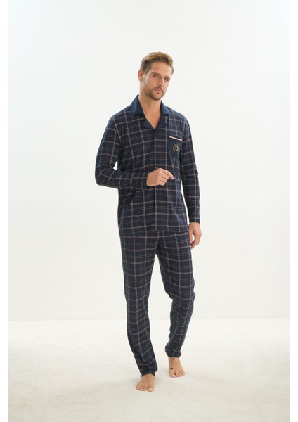 Büyük Beden Uzun Kol Gömlek Yaka Önden Düğmeli Lacivert Pijama Takım C8T3N5O9 modelleri