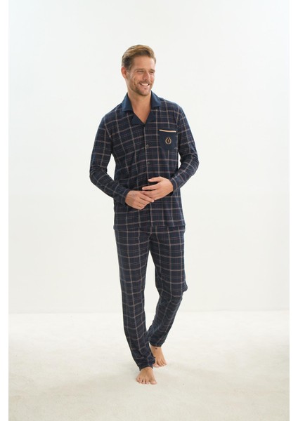 Büyük Beden Uzun Kol Gömlek Yaka Önden Düğmeli Lacivert Pijama Takım C8T3N5O9 indirimleri
