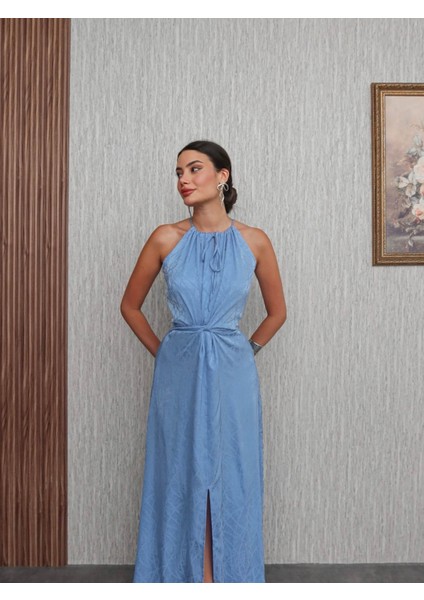 Bebemavi Bel Bağlamalı Yırtmaçlı Elbise