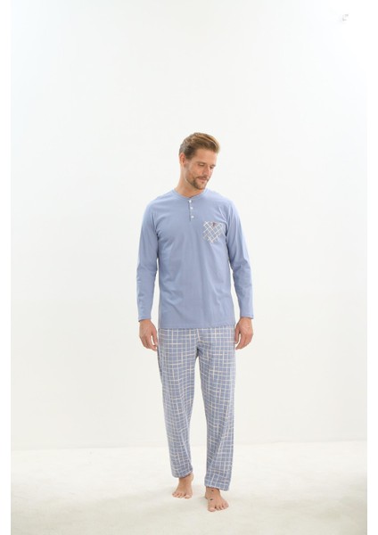 Erkek Uzun Kol %100 Pamuk Mavi Pijama Takım 9516