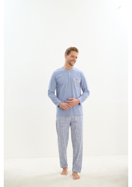 Erkek Uzun Kol %100 Pamuk Mavi Pijama Takım 9516 fiyatları