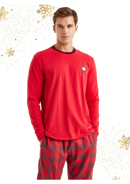 Erkek Uzun Kol Kırmızı Yılbaşı Temalı Pijama Takım C1T9N5O04