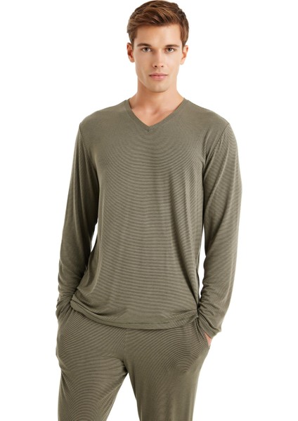 Erkek V Yaka Uzun Kol Haki Pijama Takım C5T3N6O04 modelleri