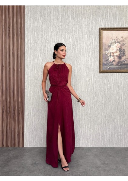 Bordo Bel Bağlamalı Yırtmaçlı Elbise