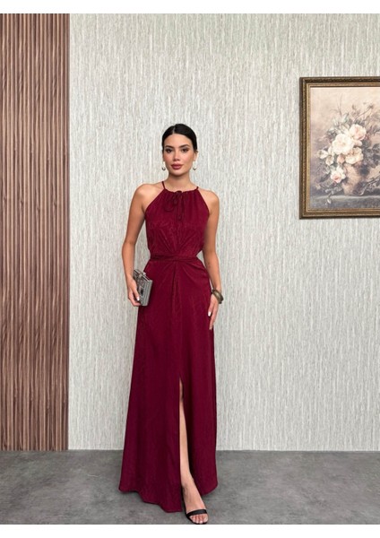 Bordo Bel Bağlamalı Yırtmaçlı Elbise fırsatları