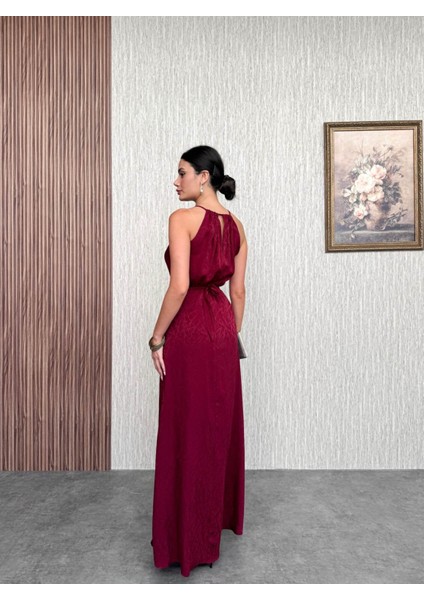 Bordo Bel Bağlamalı Yırtmaçlı Elbise indirimleri