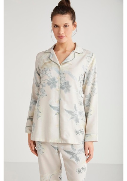 Kadın Uzun Kol Önden Düğmeli Bej Pijama Takım C6T1N6O2