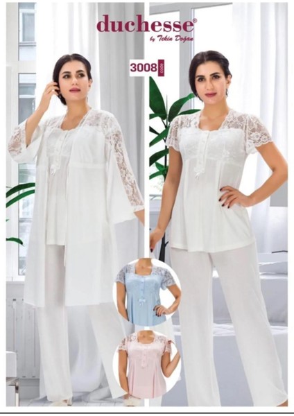 Kadın 3 Lü Ekru Hamile Lohusa Pijama Sabahlık Takım 3008