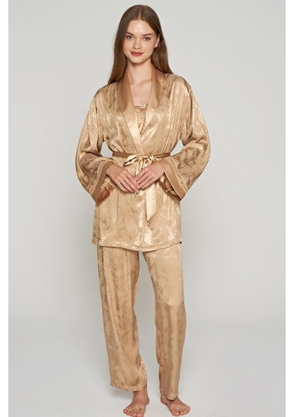 Kadın 3 Lü Dokuma Jakar Bej Sabahlık & Pijama Takım C2T2N1O5