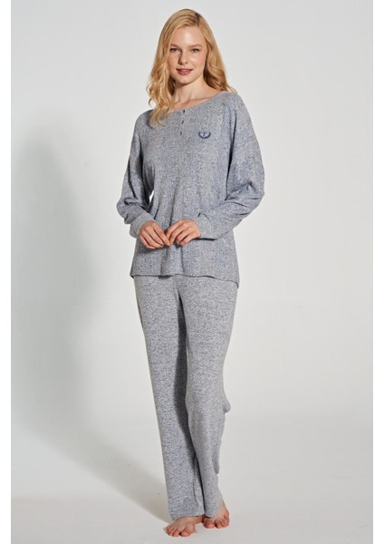 Kadın Uzun Kol Triko Mavi Pijama Takım C7T0N1O5
