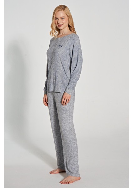 Kadın Uzun Kol Triko Mavi Pijama Takım C7T0N1O5 fiyatları