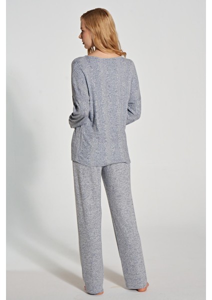 Kadın Uzun Kol Triko Mavi Pijama Takım C7T0N1O5 modelleri