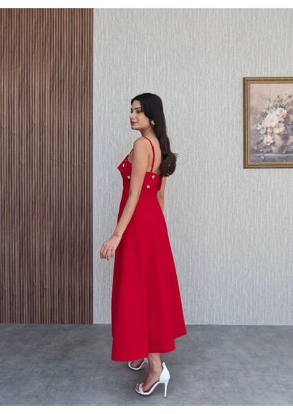 Ince Askılı Göğüs Inci Işlemeli Elbise