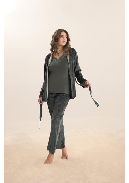 Kadın Kadife3 Lü Koyu Yeşil Sabahlık & Pijama Takım C0T9N1O61 fırsatları