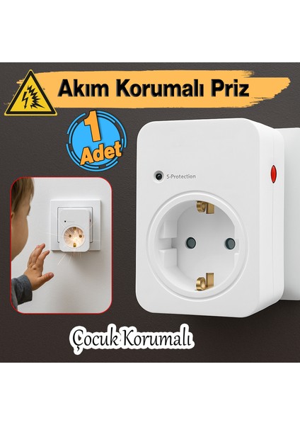Akım & Şok Korumalı Tekli Priz Açma Kapama Düğmeli Çoçuk Korumalı Fiş 720 Joule IP20 3600 W Koruma