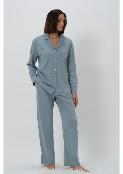 Kadın Uzun Kol Önden Düğmeli Mavi Pijama Takım %100 Pamuk CTN83