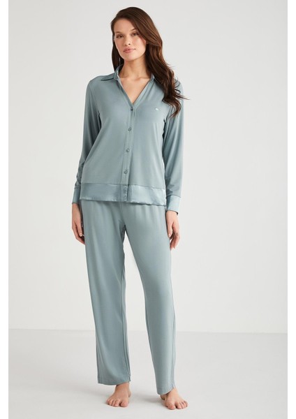 Kadın Uzun Kol Önden Düğmeli Yeşil Pijama Takım C8T0N7O9