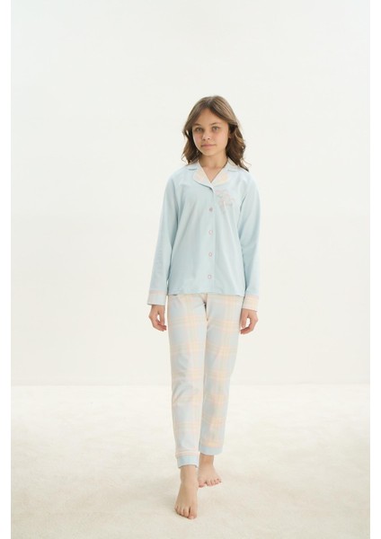 Kız Çocuk Garson Uzun Kol Gömlek Yaka Önden Düğmeli Mavi Pijama Takım C3T5N7O8