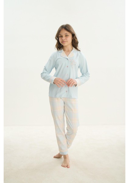 Kız Çocuk Garson Uzun Kol Gömlek Yaka Önden Düğmeli Mavi Pijama Takım C3T5N7O8 fiyatları