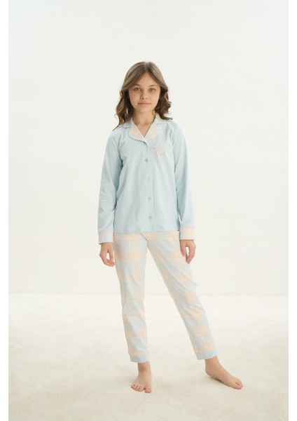 Kız Çocuk Garson Uzun Kol Gömlek Yaka Önden Düğmeli Mavi Pijama Takım C3T5N7O8 modelleri