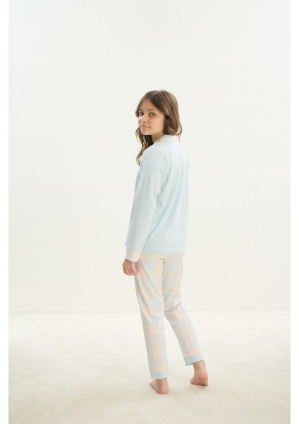 Kız Çocuk Garson Uzun Kol Gömlek Yaka Önden Düğmeli Mavi Pijama Takım C3T5N7O8 indirimleri