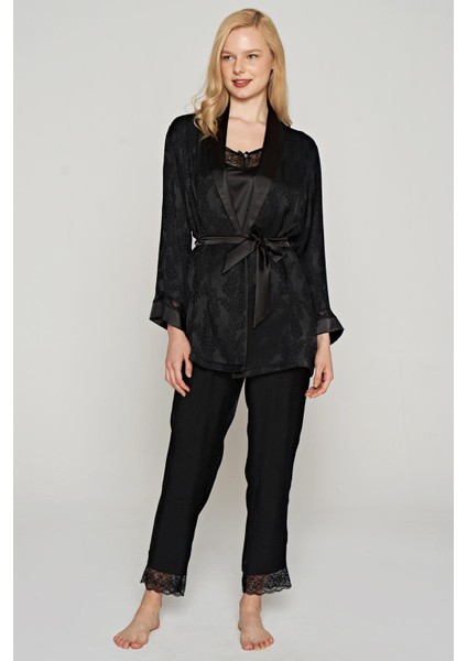 Kadın 3 Lü Dokuma Jakar Siyah Sabahlık & Pijama Takım C2T2N1O5