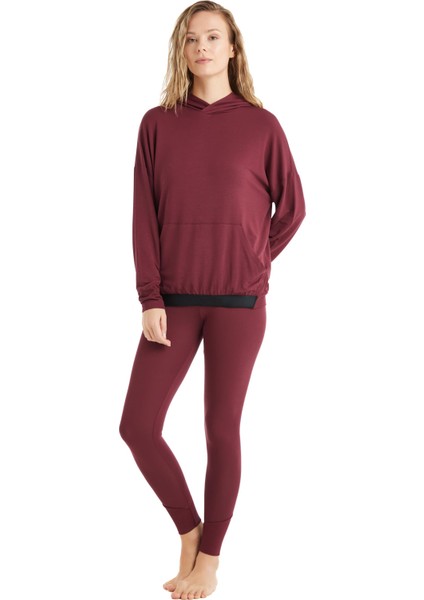 Kadın Uzun Kol Taytlı Kapüşonlu Bordo Pamuk Pijama Takım C0T4N6O15-42