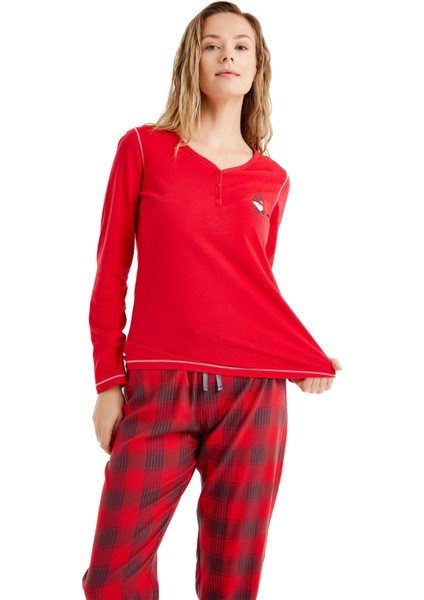 Kadın Uzun Kol Kırmızı %100 Pamuk Pijama Takım C3T2N6O15 modelleri