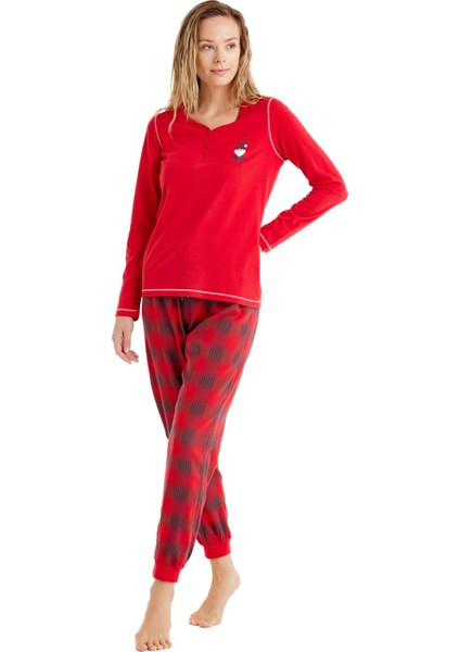 Kadın Uzun Kol Kırmızı %100 Pamuk Pijama Takım C3T2N6O15 fırsatları