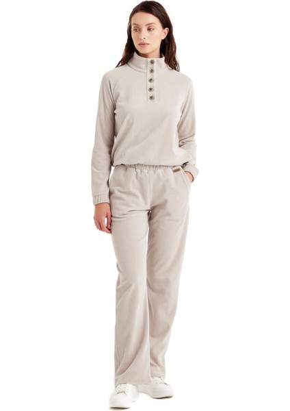 Kadın Uzun Kol Kadife Krem Pijama Takım C8T0N5O06-09