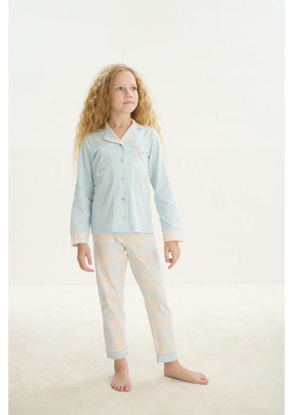 Kız Çocuk Uzun Kol Gömlek Yaka Önden Düğmeli Mavi Pijama Takım C3T5N7O8