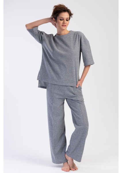 Kadın Jakarlı Kısa Kol Gri Pijama Takım C4T2N0O204