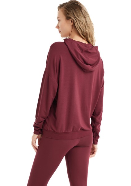 Kadın Uzun Kol Taytlı Kapüşonlu Bordo Pamuk Pijama Takım C0T4N6O15-42 modelleri