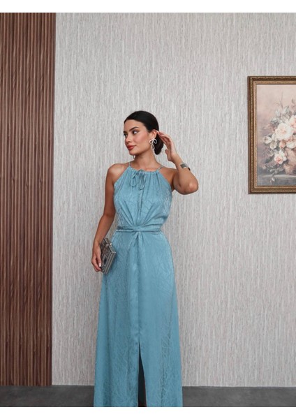 Mint Bel Bağlamalı Yırtmaçlı Elbise fiyatları